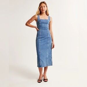 Abercrombie & Fitch Blue Denim Column Midi Dress with Square Neck